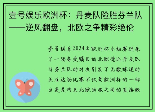 壹号娱乐欧洲杯：丹麦队险胜芬兰队——逆风翻盘，北欧之争精彩绝伦