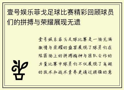 壹号娱乐菲戈足球比赛精彩回顾球员们的拼搏与荣耀展现无遗