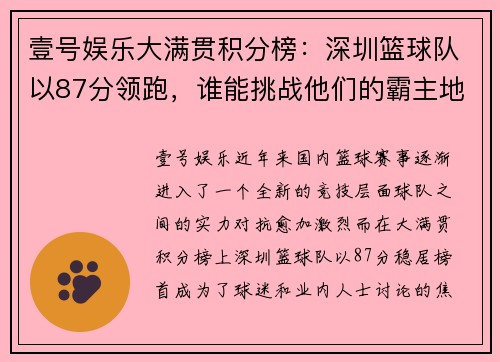 壹号娱乐大满贯积分榜：深圳篮球队以87分领跑，谁能挑战他们的霸主地位？